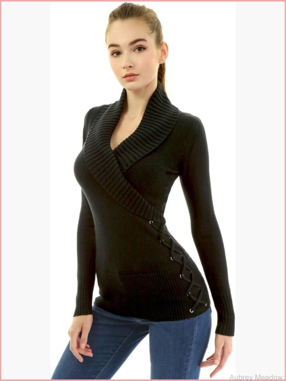 Slim Fit Sexy Casual Shawl Collar Faux Wrap Lace Up Long Sleeve Sweater
